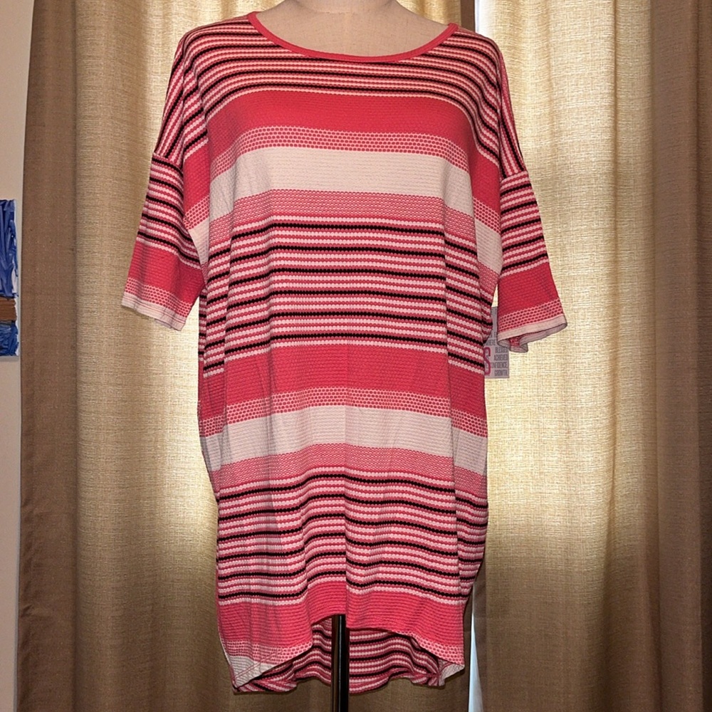 LuLaRoe Irma Women’s Small High Low Tunic Short Sleeve Black Cream Pink Stripes